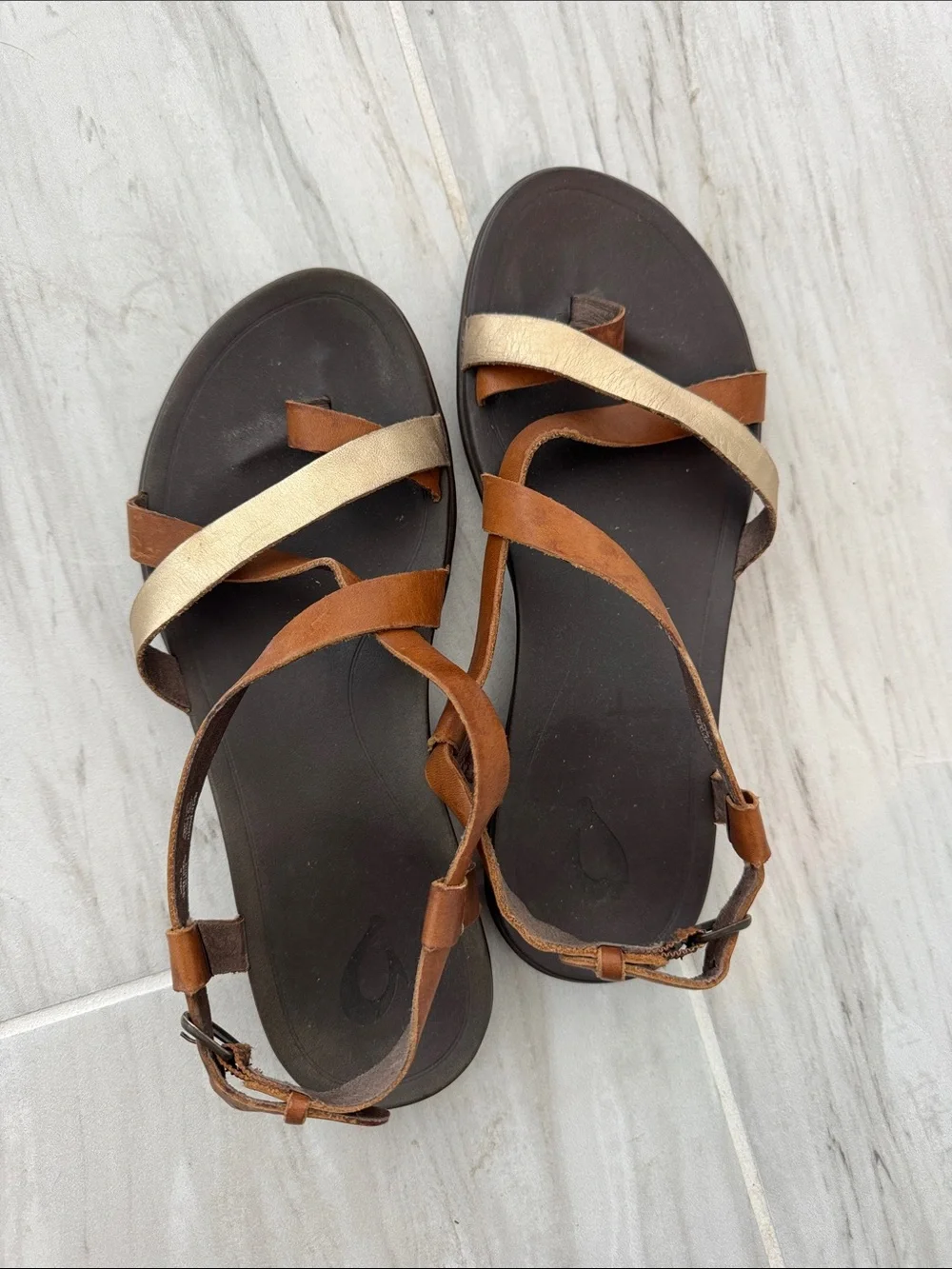 OluKai Brown Leather Sandals with Gold Accent Straps